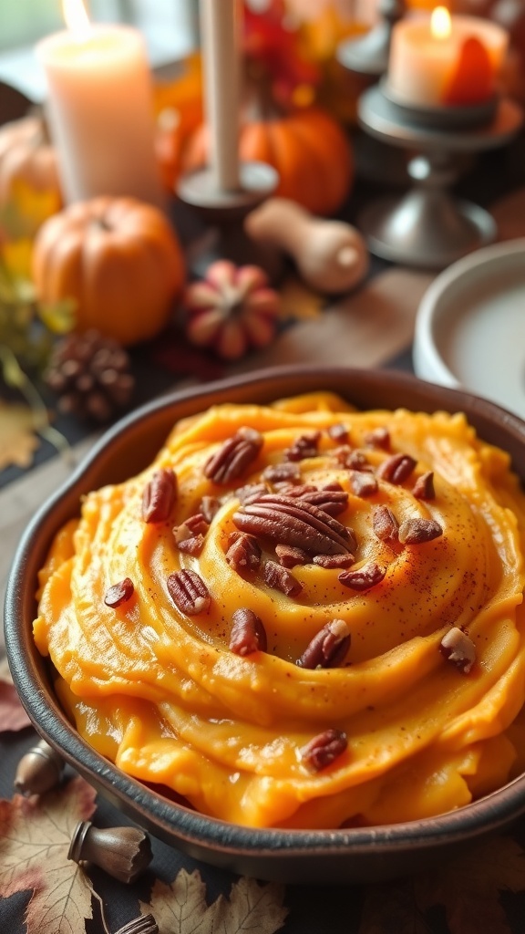 Creamy mashed yams in a bowl with cinnamon and pecans on a Thanksgiving table.